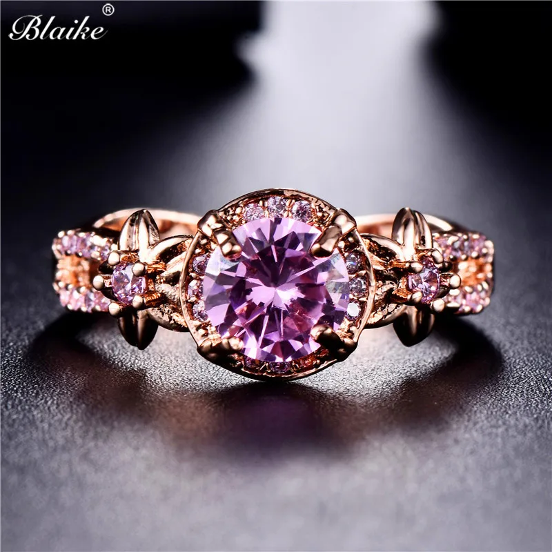 Blaike Boutique Pink Zircon Female Rose Gold Filled Xmas Present Flower Rings for Women Wedding Jewelry Engagement Ring | Украшения и