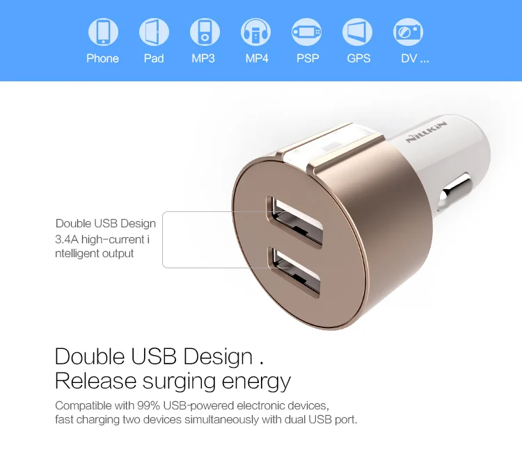 Автомобильное зарядное устройство Nillkin Vigor Quick 5 в 3 4 а с двумя usb портами для Xiaomi Redmi