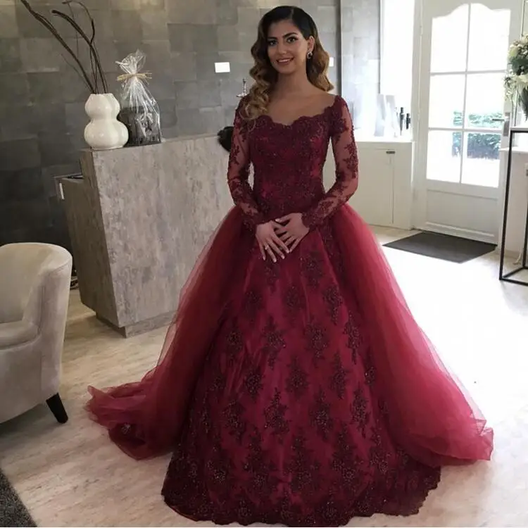 Бордовый Vestido De Noiva мусульманское свадебное платье бальное платье одежда с длинным рукавом Тюль с бусами Дубай арабское свадебное платье невесты - Цвет: as picture