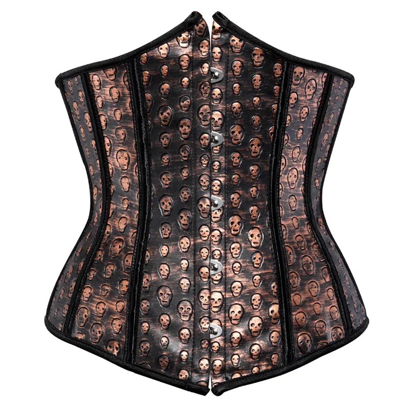 

Faux Leather Corset Steampunk Underbust Corset Bustier Sexy Brown Corset with Skull Print Lingerie Top Plus Size Pirate Costume