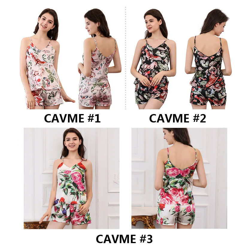 CAVME Pure Silk Pajama Sets for Women Ladies Spaghetti Strap Shorts 2 Pieces Pyama Set Femme Luxury Sleepwear Printed Homewear