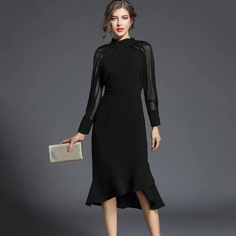 BLOOMHAWK 2018 весна новые продукты Мода темперамент длинные рукава хвост платье|dress