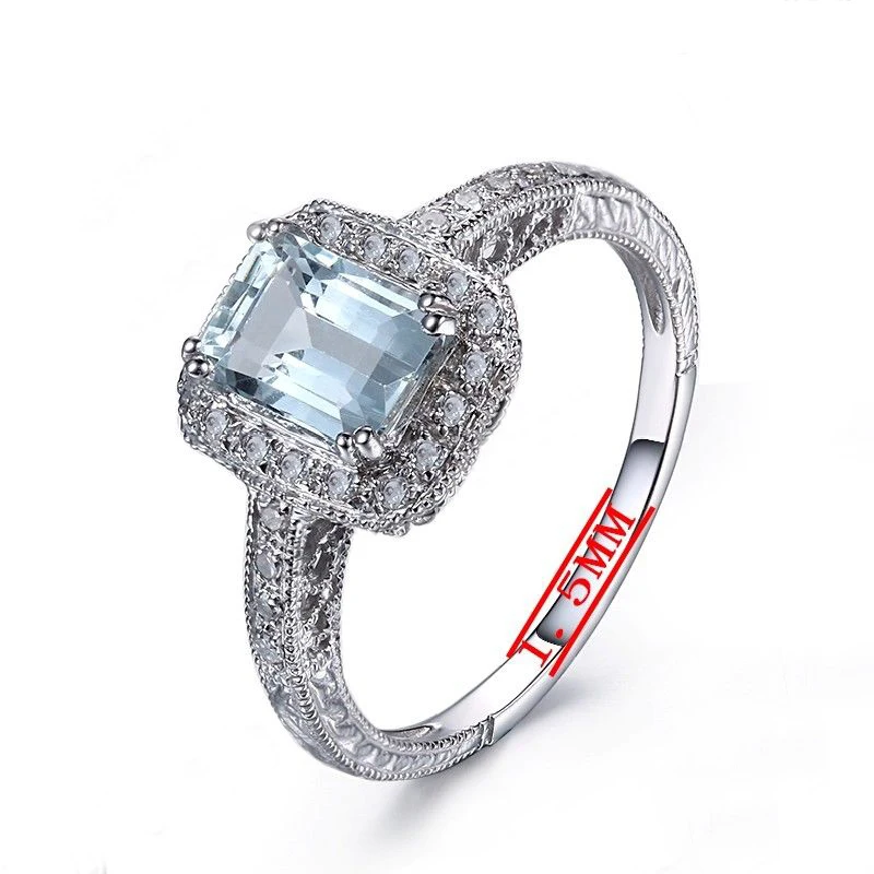 Одноцветное 10K белое золото безупречное Изумрудное кольцо 7x5 мм 1.23ct Аквамарин