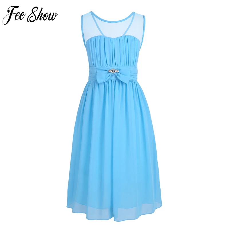 Girls Darling Sweetheart Chiffon Gown Bow Crystal Flowers Dresses Teenage Child Bridesmaid Birthday Party Formal Dress | Детская одежда
