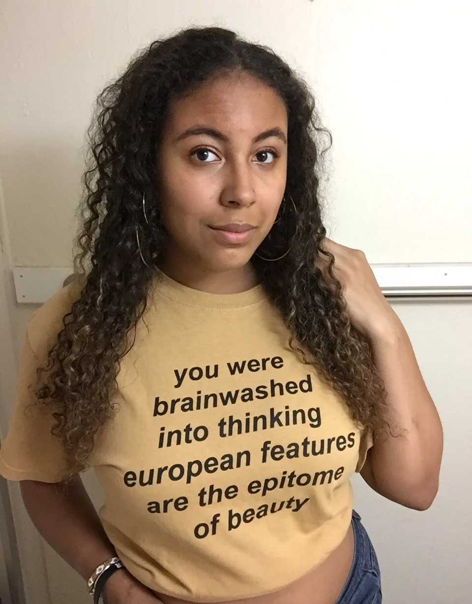 Funny Graphic T-Shirt: Yellow Tee with Brainwashed Ideas of European Beauty image 5