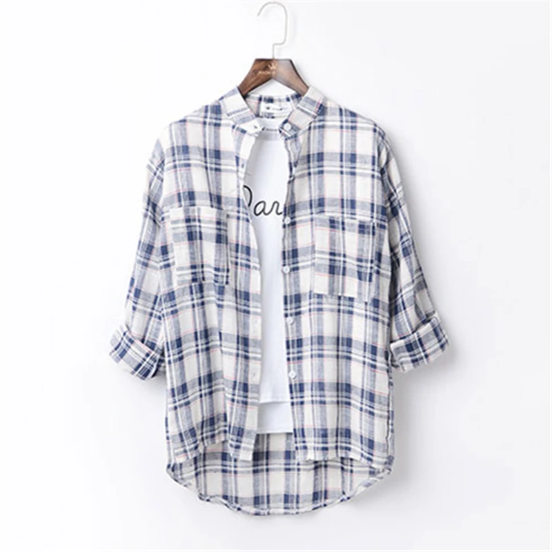 Осенью новый два карманы хлопчатобумажное бельё рубашки Для женщин О-образным