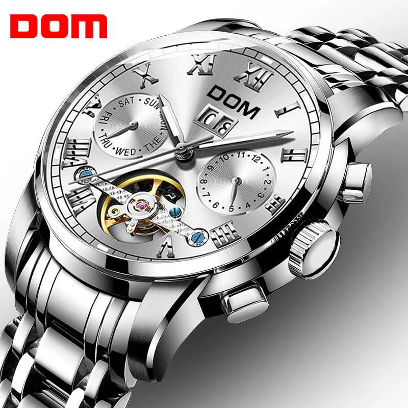 DOM Skeleton Tourbillon Мужские механические часы автоматическое классическое серебряное