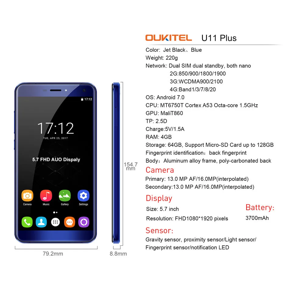 OUKITEL U11 Plus 5," ультратонкий MT6050T Восьмиядерный 4G+ 64G 4G разблокированный смартфон Apr19
