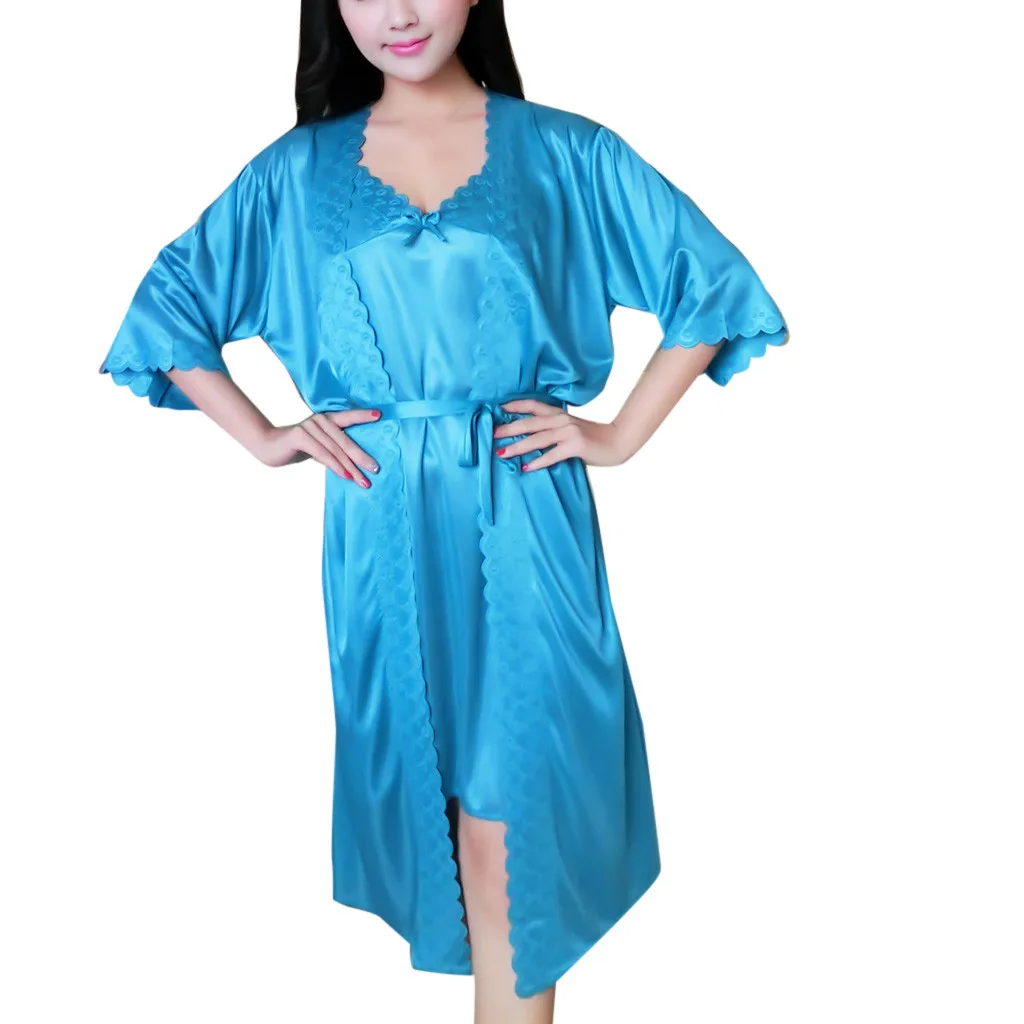 Sky Blue Сексуальный халат, платье, наборы, ночная рубашка для дам, пижамы для женщин, кружевное атласное шелковое ночное белье Ночная рубашка, ночная рубашка, летняя ночная рубашка C25 - Цвет: Sky Blue