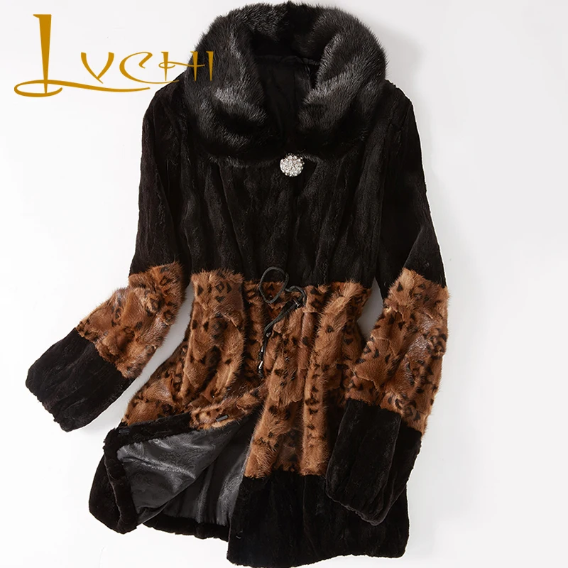 Зимнее женское меховое пальто LVCHI 2019 с поясом модное леопардовое из норки широкой
