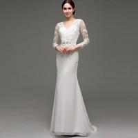 wedding dresses full sleeve tulle with lace applique v neck sweep train mermaid bridal gowns women formal party dress cheap