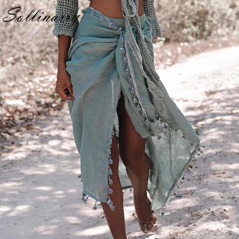 Sollinarry Sexy Summer Women Wrap Skirts Solid Tassel 2019 Swimsuit Holiday Skirt Female Bikinis Swimwear Midi Beach Wear | Женская