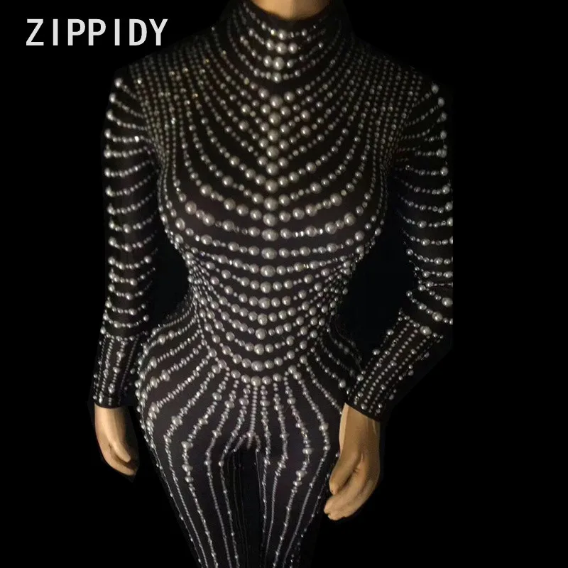 Sexy Pearls Rhinestone Black Or Nude Jumpsuit Stretch Leggings Women's Prom Party Outfit Nightclub Female Singer Show Stage Wear