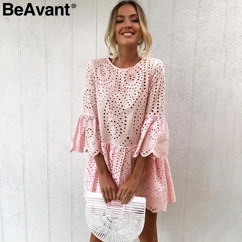 light pink BeAvant, ТРАПЕЦИЕВИДНОЕ женское летнее платье, элегантное, с расклешенными рукавами, хлопковое платье, для девушек, с круглым вырезом, богемное, голубое, белое, короткое платье - Цвет: light pink
