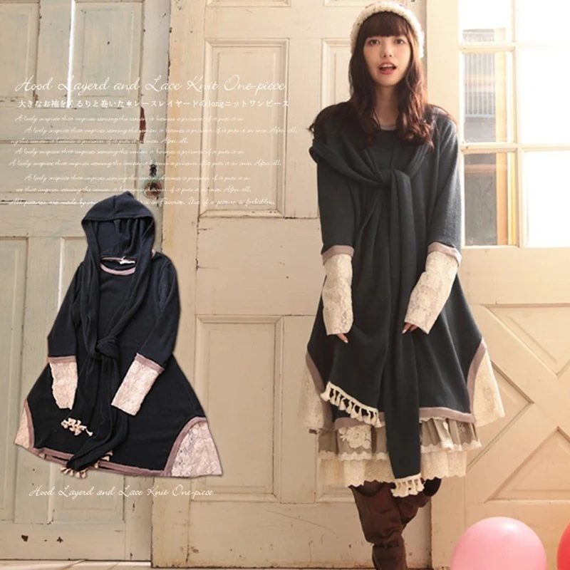 

Платье женское однотонное с шапкой, повседневное милое мягкое милое платье в японском стиле Лолиты, с длинным рукавом, в стиле девушки-Мори, C212, весна