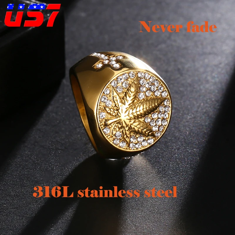 US7, нержавеющая сталь, Iced Out, рэппер, сорняки, клен, кольца, крест, циркон, микро проложили, перстень RSV, кольцо для мужчин, хип-хоп, свадебные украшения