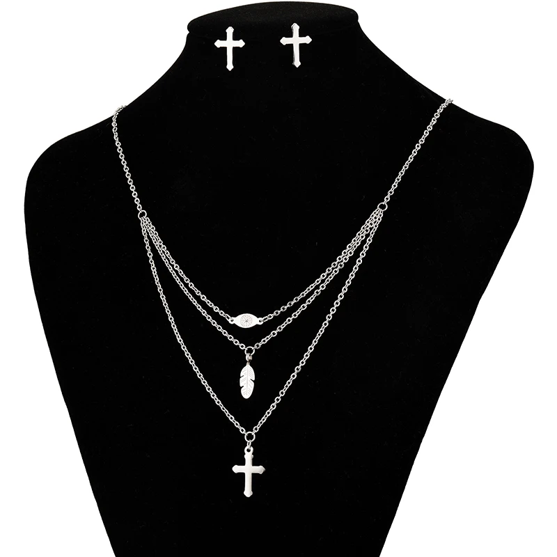 2016 Новинка крест листьев 3 Слои Цепочки и ожерелья Нержавеющая сталь комплект