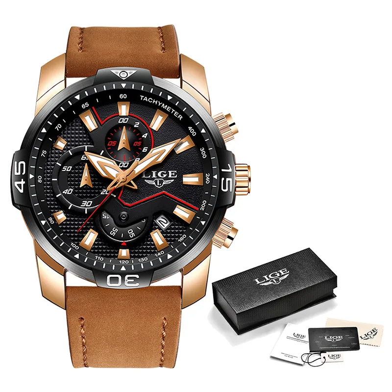 Rose gold all black Мужские часы, новинка, LIGE, мужские часы, Топ бренд, Роскошные, мужские, повседневные, кожа, кварцевые часы, мужские, спортивные, водонепроницаемые, золотые часы - Цвет: Rose gold all black