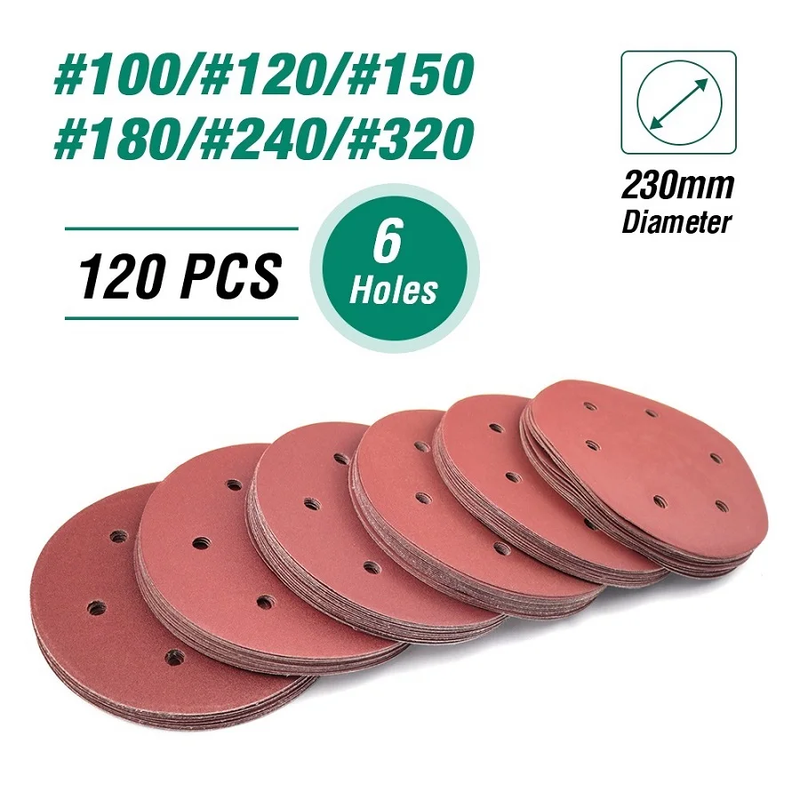 230mm set 120pcs LANNERET 180 мм/225 мм Шлифовальные Диски наждачная бумага Ассорти отверстия 100/120/150/180/240/320 Грит для Электрический сухой настенный шлифовальный станок полировщик - Цвет: 230mm set 120pcs