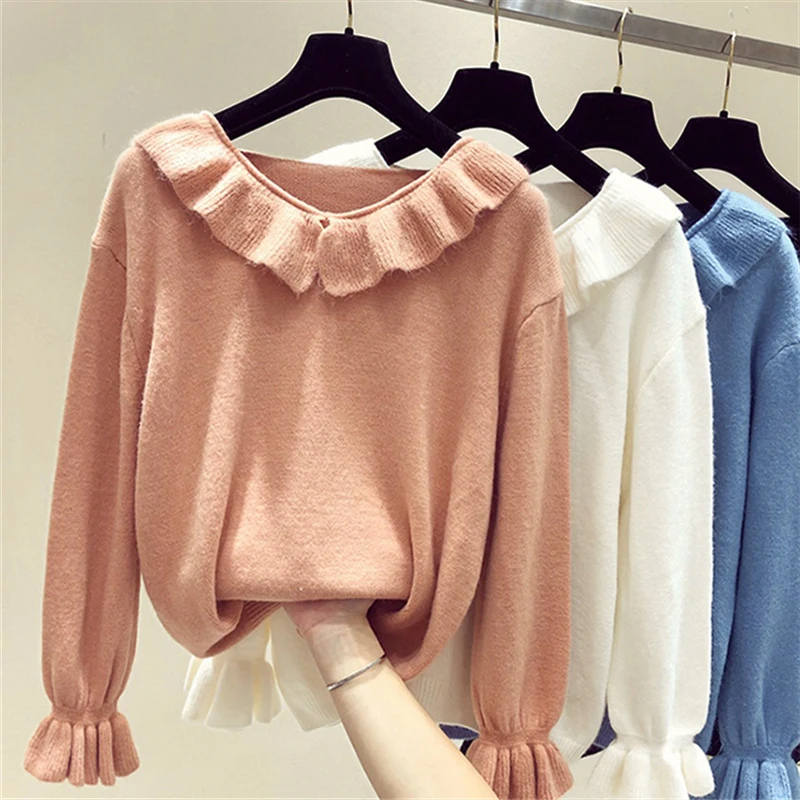 Casual Slim Sweater Women Autumn Winter Knitting Pullovers Long Flare Sleeve Ruffle Pullover Woman | Женская одежда