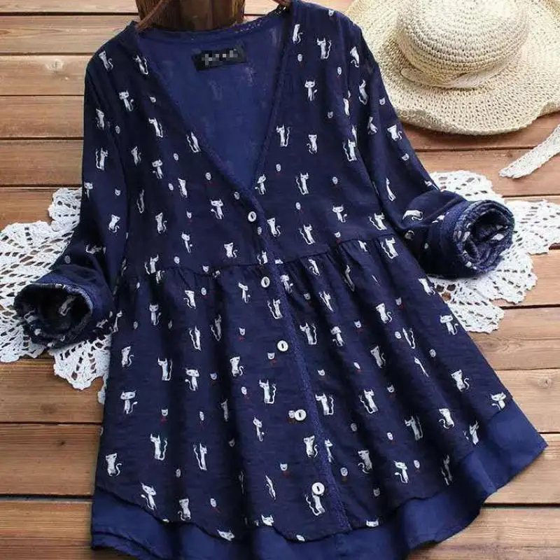 Women Blouses Shirts Print Cotton Flax Long Sleeve Blouse Loose Women's Tops New Arrival 2020 Spring Autumn Casual Female Shirt | Женская