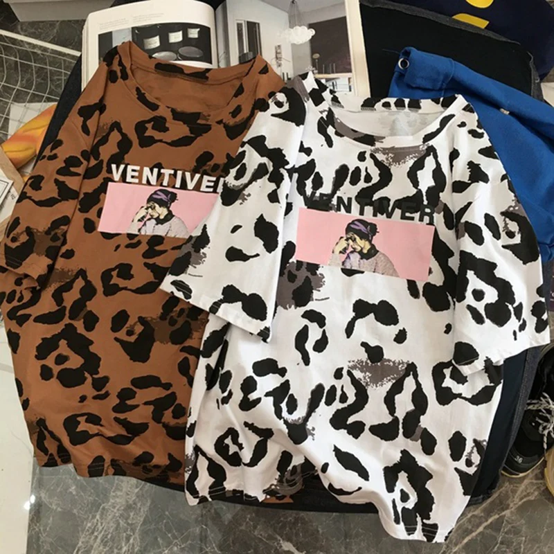 Женская футболка s хлопковые футболки с короткими рукавами леопардовые