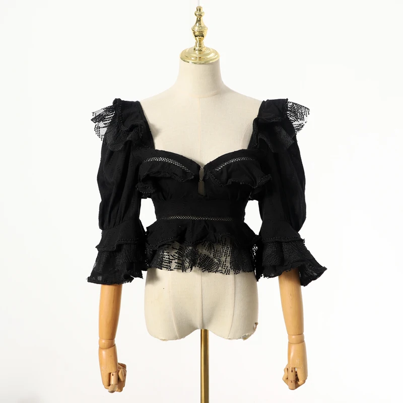 

[LIVIVIO] Ruffle Lace Blouse Women White Shirt 2019 Autumn Sexy Ladies Square Neck Tops Puff Sleeve Korean Fashion Clothing New