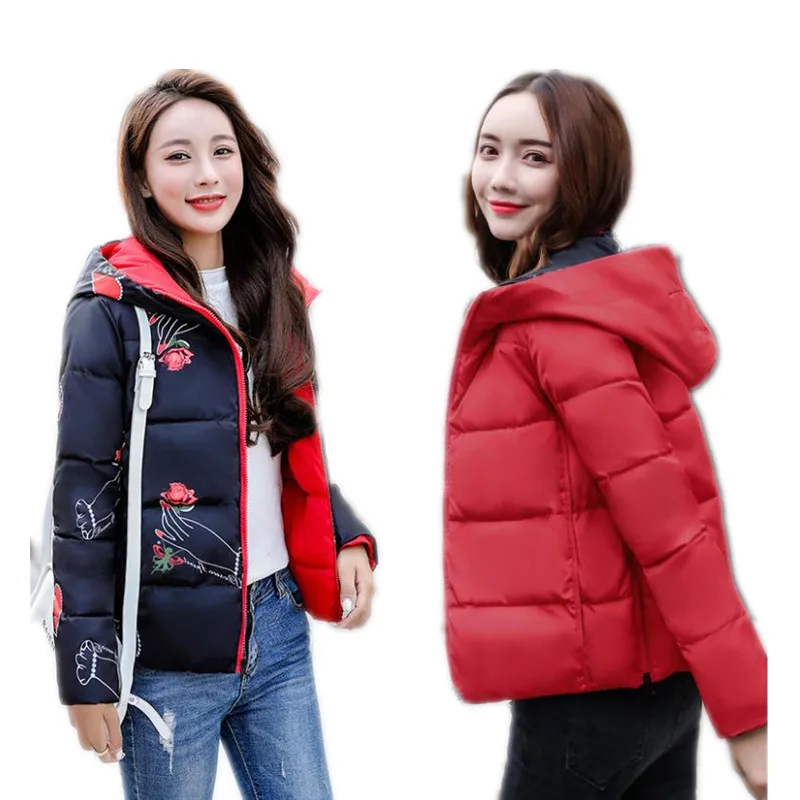 

2018 New Fashion Print Autumn Winter Women Short Parkas Female Hooded Down Cotton Jacket Both To Wear Plus Size 3XL Padded Q625