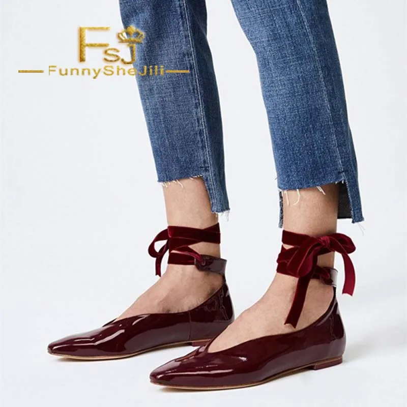 

FSJ Vintage Burgundy Ankle Strappy Ballet Women Shoes Patent Leather Pointed Toe Comfort Working Dress Flat Pumps 2022 Autumn