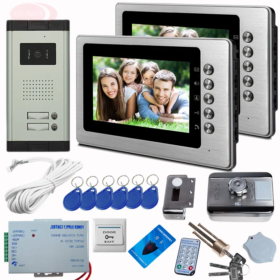 

Видеодомофон ИК ночной дверной Звонок камера CCD 2 кнопки с Rfid разблокировкой электронный замок видеодомофон комплект с 7-дюймовым экраном