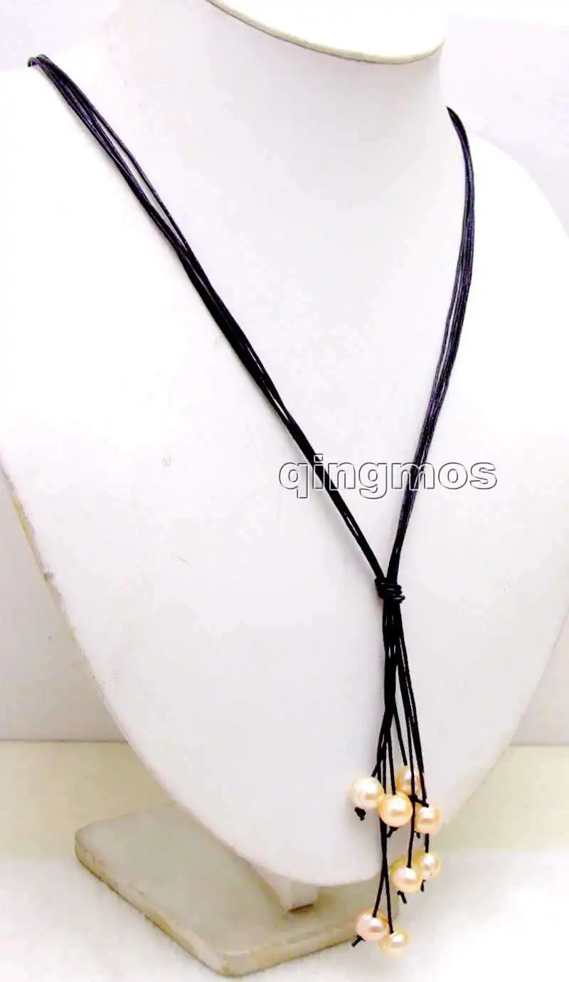 Big 10-11mm Pink Potato Natural Freshwater Pearl &amp Black Leather 4 strands 32&quot Long Necklace-nec6148 Wholesale/retail Free ship |