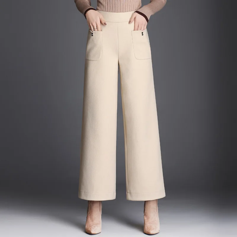 Модные женские шерстяные широкие брюки с высокой талией 2018 свободные до