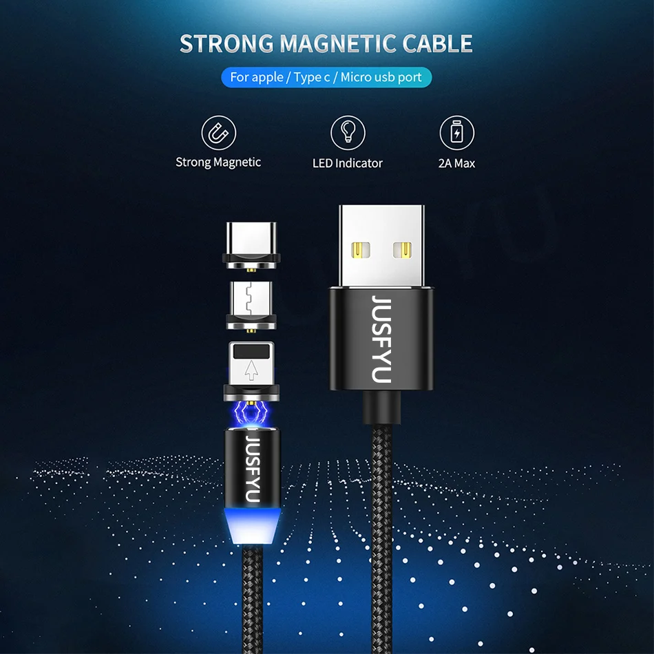 1 м/2 м светодиодный магнитный кабель Micro USB Type C в нейлоновой оплетке Магнитный