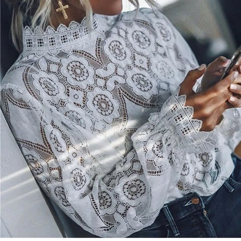 Женская кружевная Полупрозрачная рубашка белая с длинным рукавом топ чистого