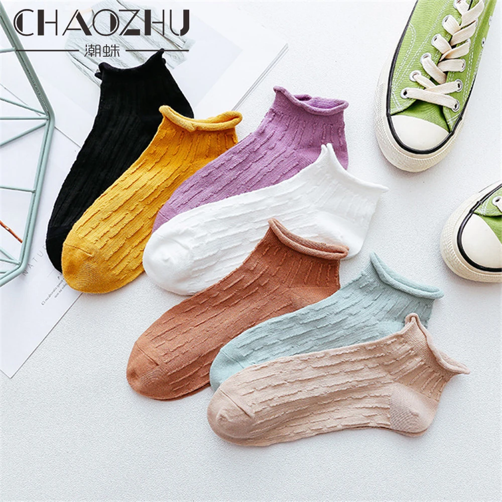 CHAOZHU новые модные женские весенние летние дышащие тонкие однотонные желтые белые фиолетовые черные розовые женские свободные короткие носки