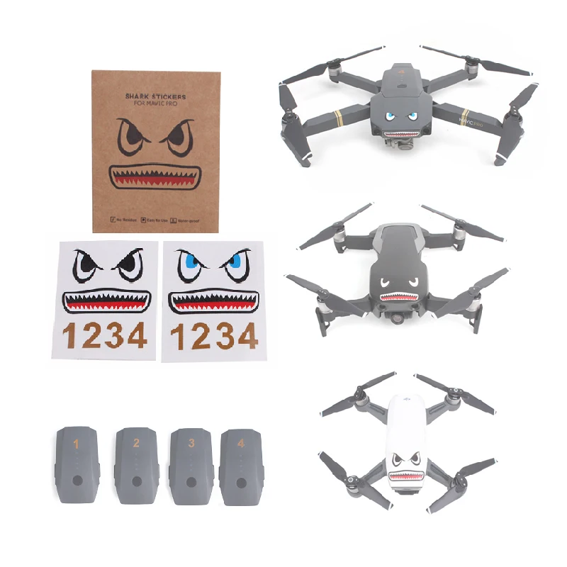 Cartoon Shark Face Sticker Decal Phone Drone Body Skin Sticker for FIMI X8 SE DJI Mavic 2 Spark Mavic Air with Battery Numbers