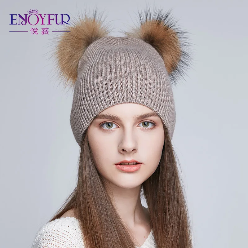 Женские шапки с двумя помпонами ENJOYFUR, мягкие теплые шапки с помпонами из натурального меха, для зимы - Цвет: 04D