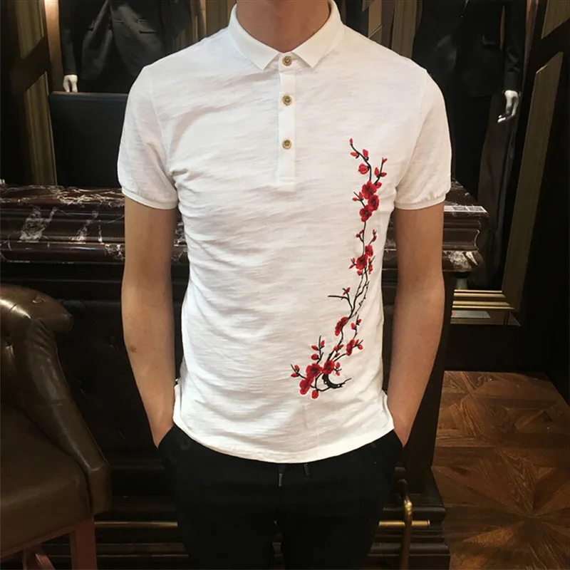 Мужская мода в Японском стиле plum blossom вышивка лацкан отдых с коротким рукавом