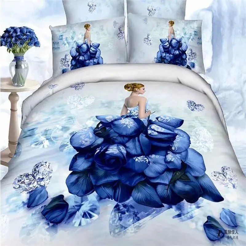 

New Listing Beautiful Blue Roses Bride 3D Wedding Bedding Set Queen Size Cotton Duvet Cover Bedsheet Pillowcase Bed in a Bag