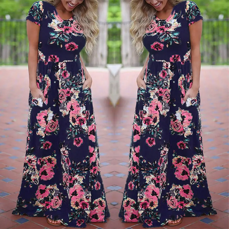 Женское пляжное платье с цветочным принтом Boho длинное вечернее коротким рукавом