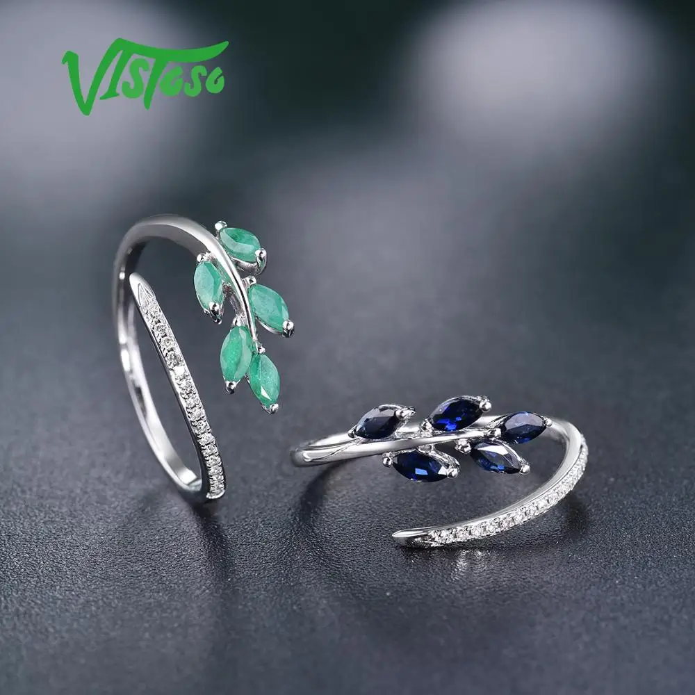 VISTOSO 14 K кольца из белого золота для леди подлинный Блестящий Бриллиант Необычные синий сапфир/Изумрудное обручение юбилей шикарные ювелирные изделия