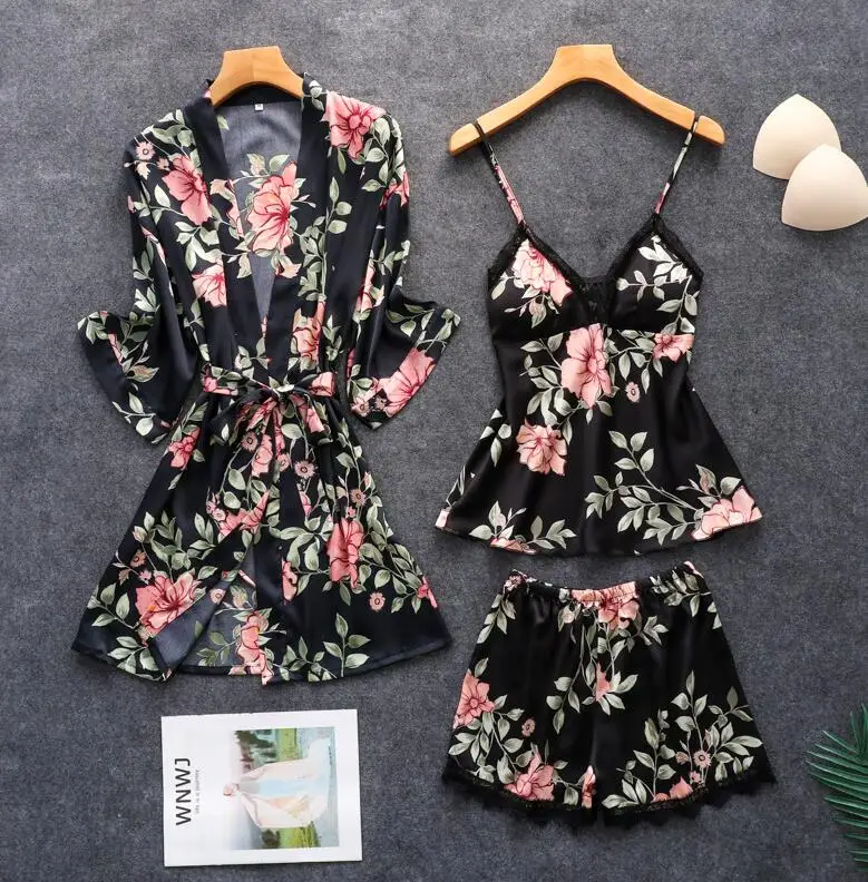 Женские атласные пижамы комплект из 3 предметов жилетка без рукавов шорты и