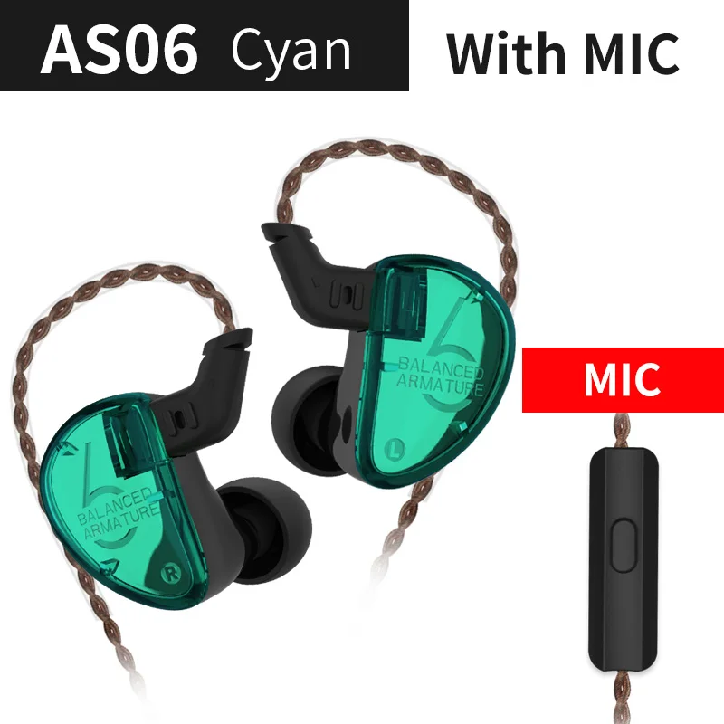 Cyan with mic KZ AS06 3BA привод в ухо наушник 3 сбалансированная арматура съемный 2-контактный кабель HIFI монитор спортивные наушники Заказные наушники - Цвет: Cyan with mic