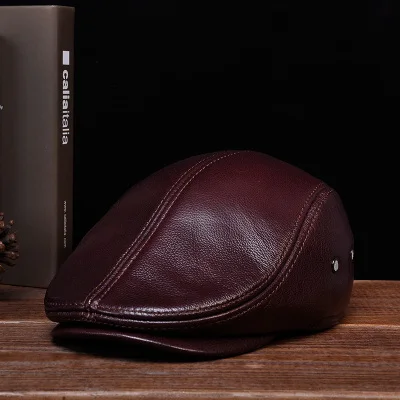 red brown RY101 мужские повседневные теплые береты из натуральной кожи черного/коричневого цвета, мужские шапки для среднего/среднего возраста - Цвет: red brown