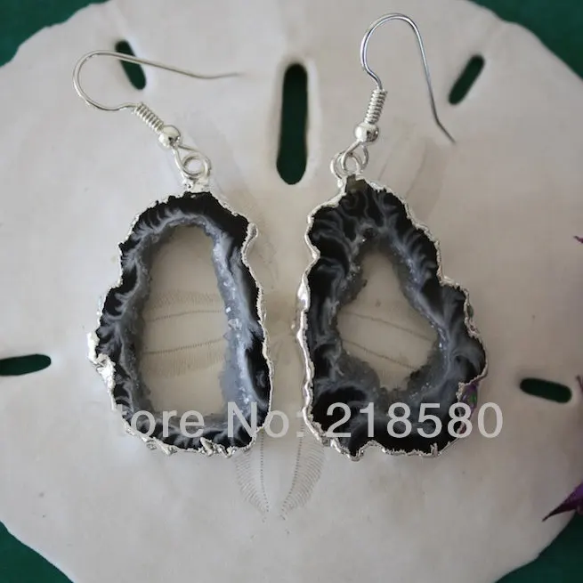H QE04 5 парт/Лот черные серьги с серебряным покрытием|earrings geodes|geode slice earringsdruzy agate