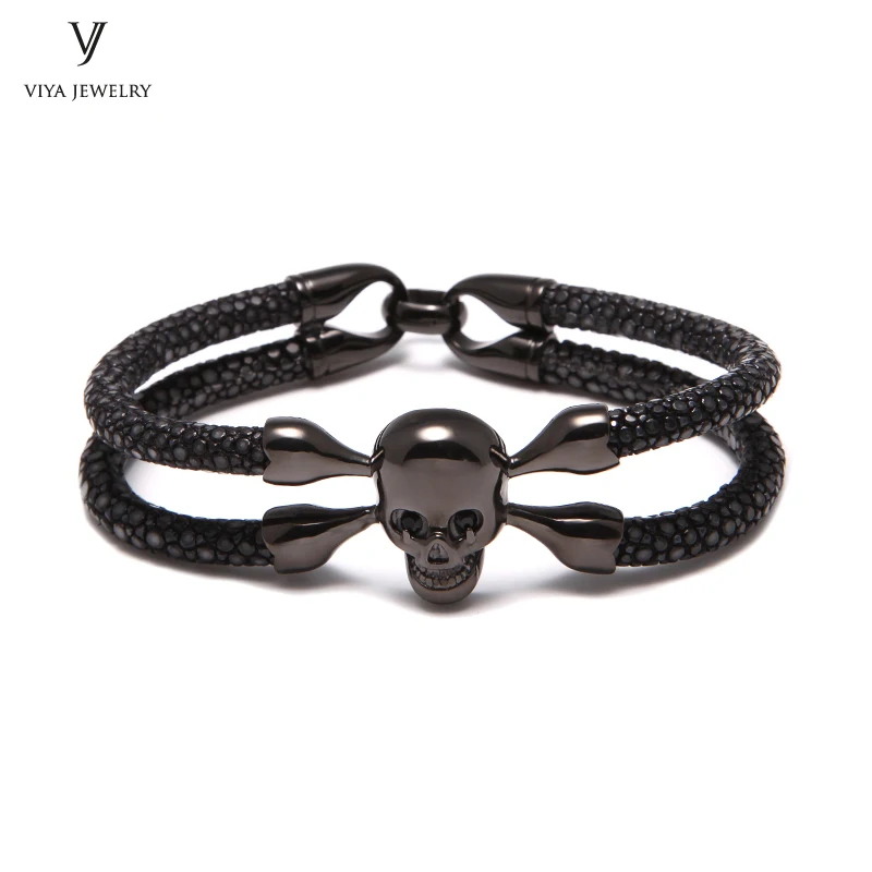 Мужской браслет из натуральной кожи с черным черепом|bracelets for|stingray braceletbracelet with |