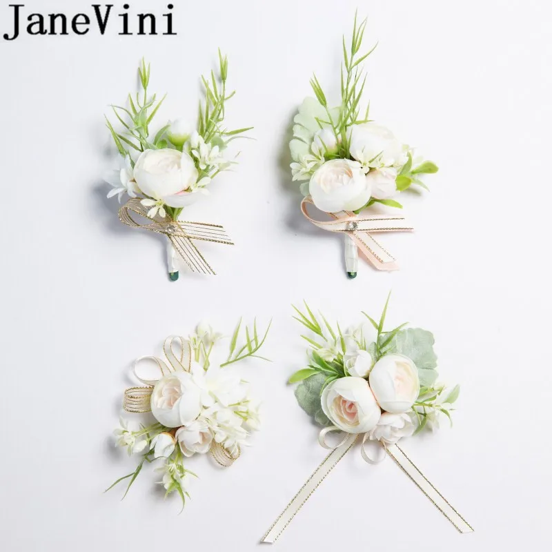 JaneVini, новинка, искусственные цветы, бутоньерка для невесты, жениха, белый корсаж, набор цветов на запястье, свадебные корсажи и бутоньерки