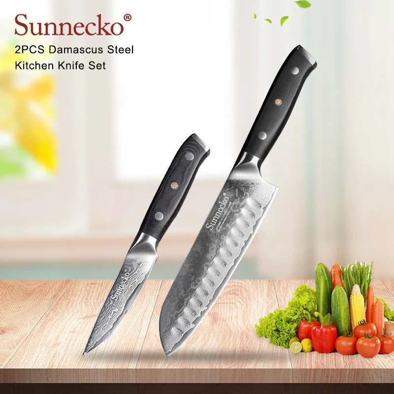 SUNNECKO 2 шт. Кухня Набор ножей Santoku шеф повар Ножи Дамаск японский VG10 Сталь лезвие G10
