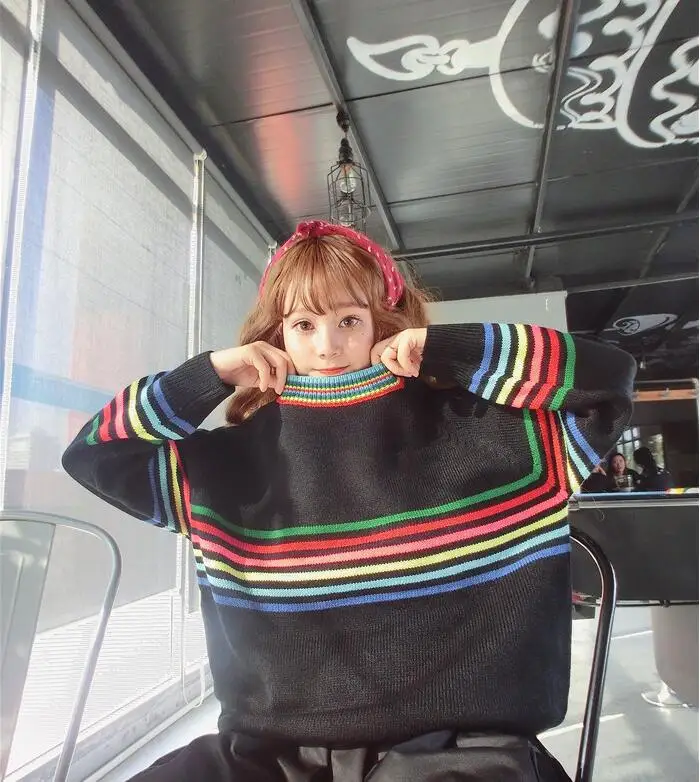 Черный Женский японский Harajuku милый сладкий Радужный полосатый свободный свитер с длинным рукавом женский корейский Kawaii вязаный джемпер и пуловер - Цвет: Черный
