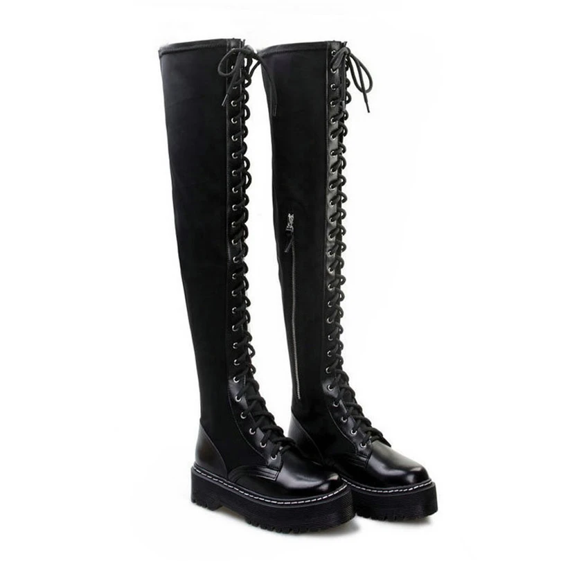 Black Casual 55cm Высокие военные сапоги до бедра женские черные ботфорты на шнуровке новые зимние высокие панк-кроссовки для верховой езды с ремешками - Цвет: Black Casual 55cm